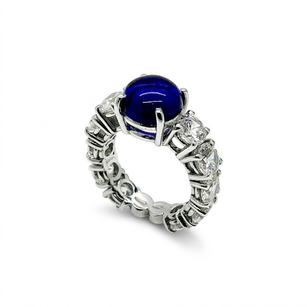 Anello donna eternity in argento 925 centro cabochon blu