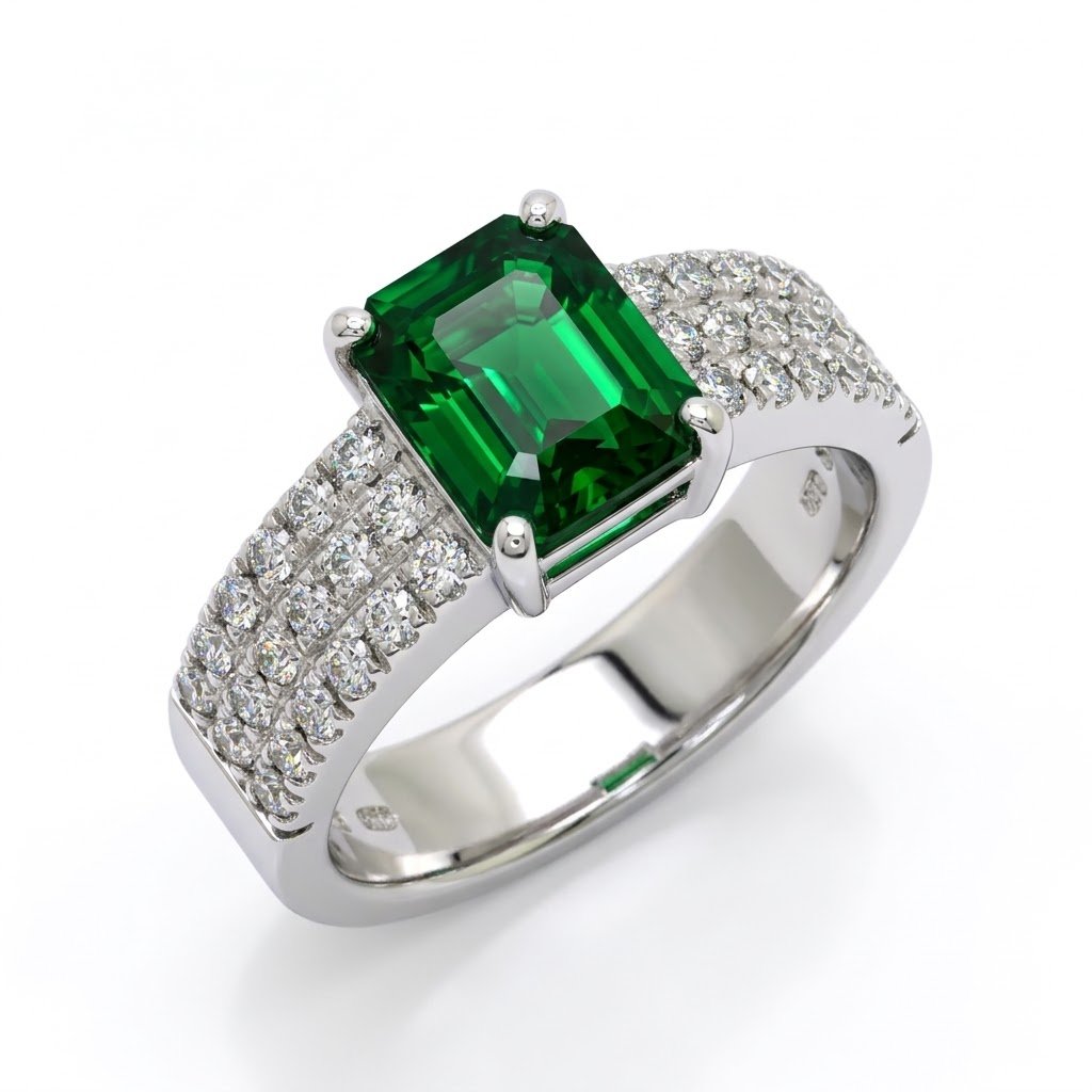 Anello fascia pietra verde in argento 925 pavè di zirconi