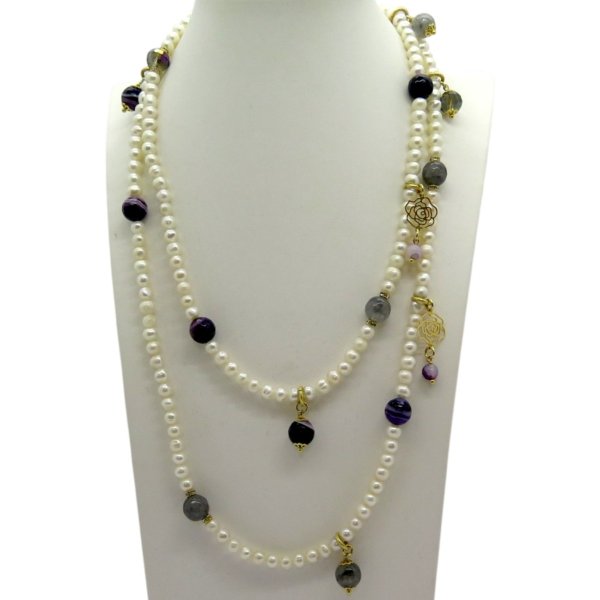 Collana lunga Sovrani Bijoux perle, calcedonio e cristalli