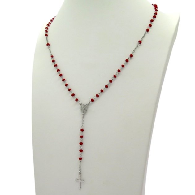 Collana rosario grani rossi in argento 925