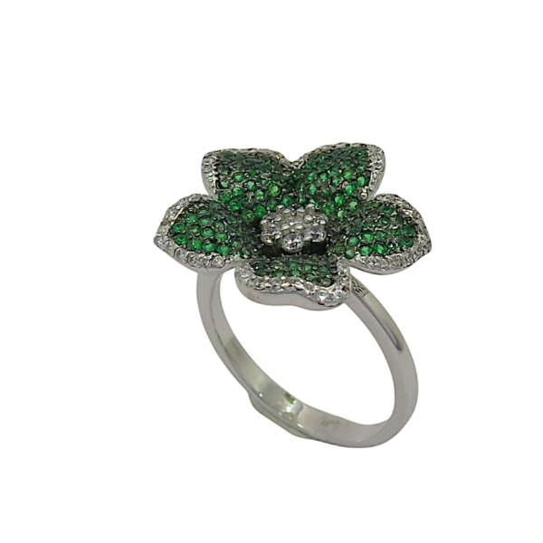 Anello fiore verde in argento 925 e pietre