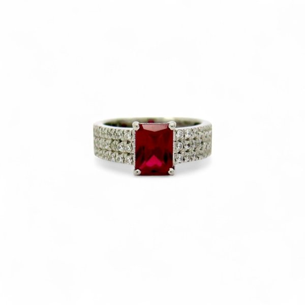 Anello fascia pietra rossa in argento 925 pavè zirconi