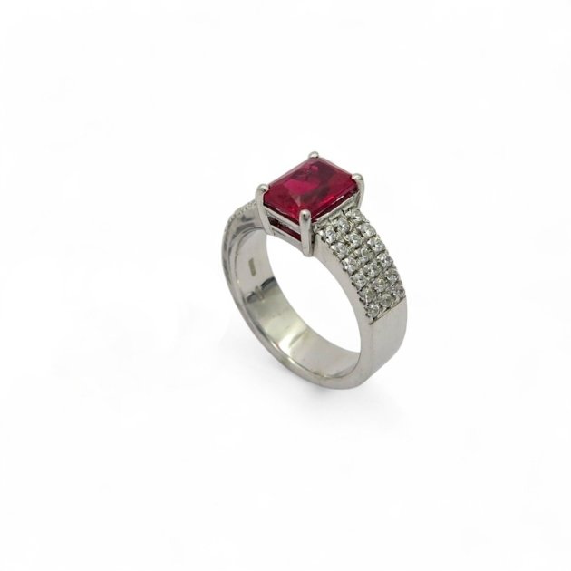 Anello fascia pietra rossa in argento 925 pavè zirconi