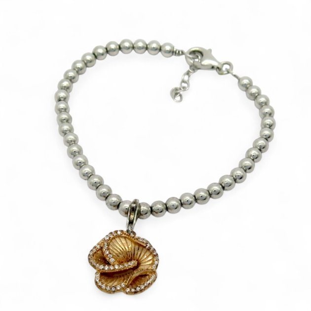 Bracciale elastico sfere argento e charms rosa