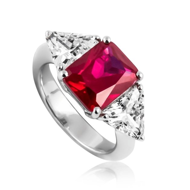 Anello centro pietra rossa in argento 925 e pietre triangolari