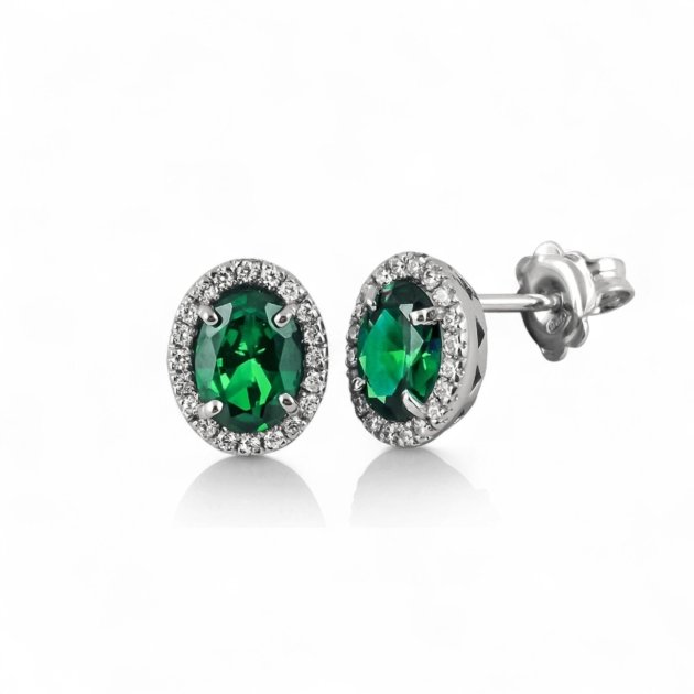 Orecchini a lobo pietra verde ovale contorno in argento 925
