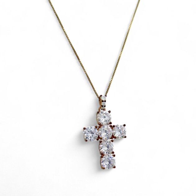 Collana ciondolo croce placcata oro rose in argento 925 pietre 6 mm