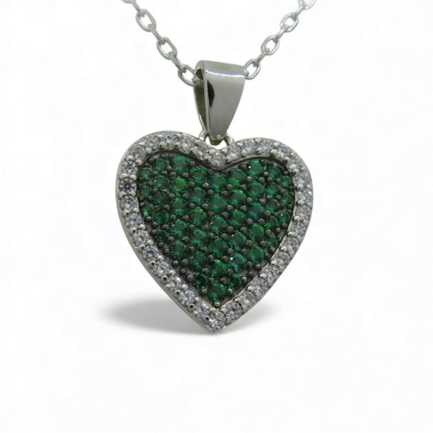 Collana con Ciondolo a Cuore Verde e Contorno in Argento 925