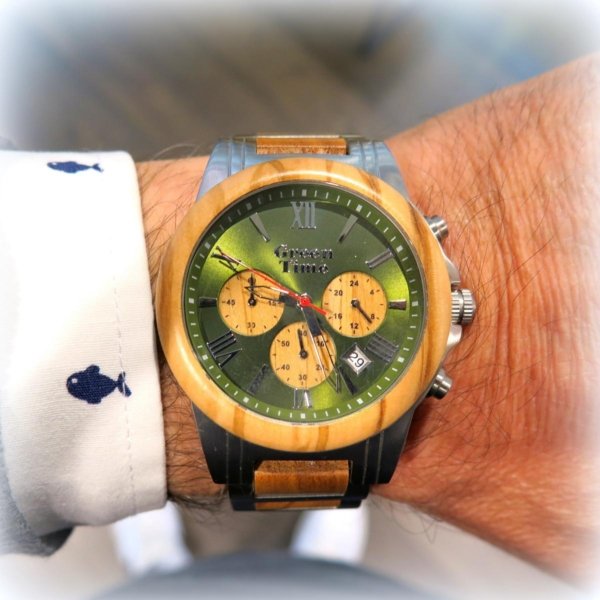 Orologio crono acciaio e legno quadrante verde Green time