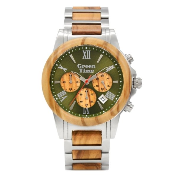 Orologio crono acciaio e legno quadrante verde Green time