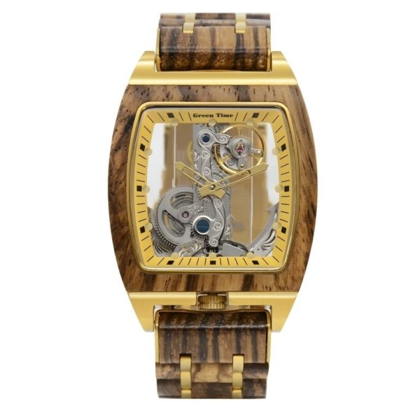 Orologio tonneau automatico in legno acciaio oro