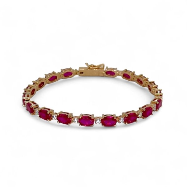 Bracciale tennis pietre rosse ovali placcato oro rosè