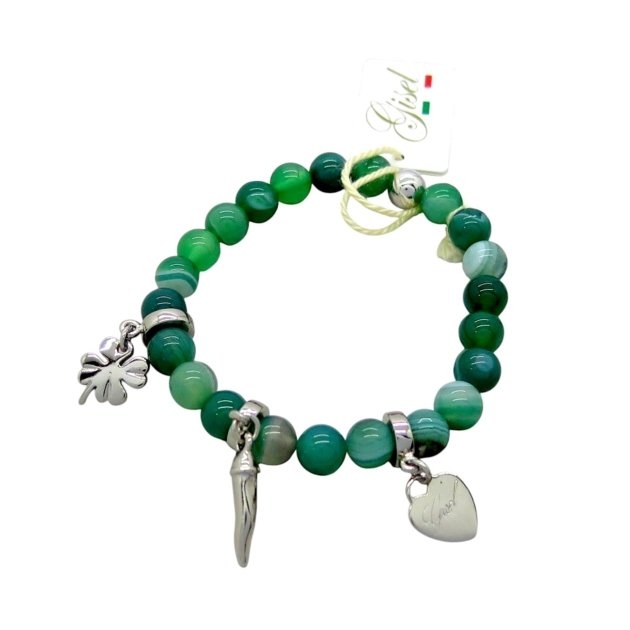 Bracciale elastico portafortuna agata verde charms peperoncino quadrifoglio cuore i fortunelli