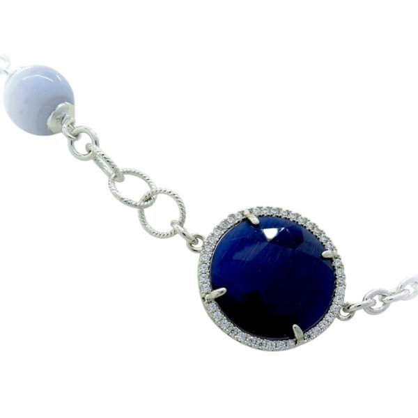 Collana lunga Sovrani pietre cristalli blu acqua marina e calcedonio