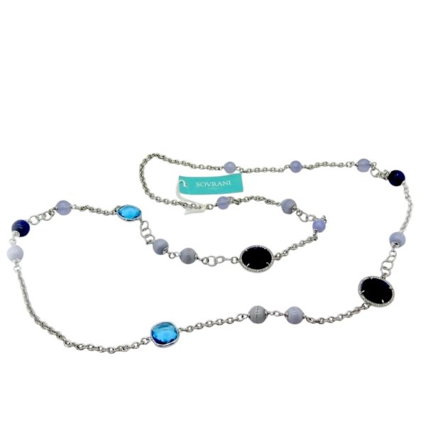 Collana lunga Sovrani pietre cristalli blu acqua marina e calcedonio