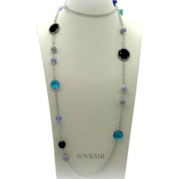 Collana lunga Sovrani pietre cristalli blu acqua marina e calcedonio