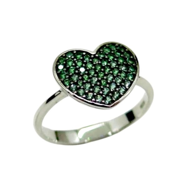 Anello pavè cuore in oro 18 ct e zirconi verdi