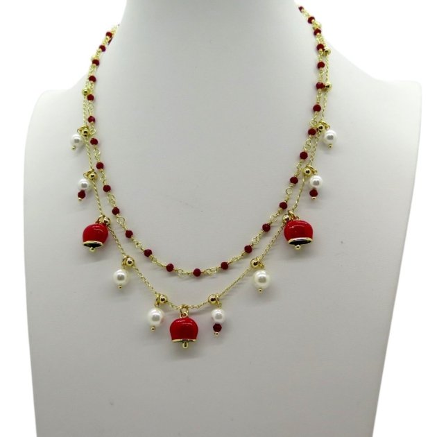 Collana campanelle e perle maiorca con rosario rosso Sovrani