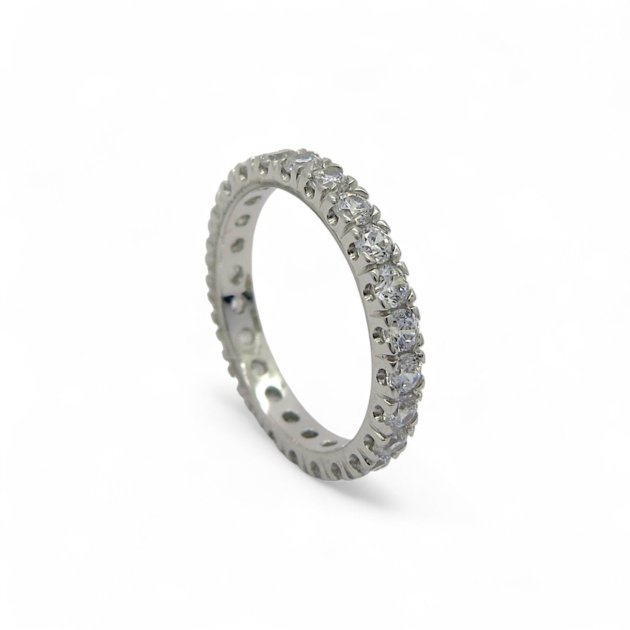 Anello fedina circolare in oro bianco e zirconi