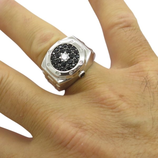 Anello orologio in argento e pietre nere