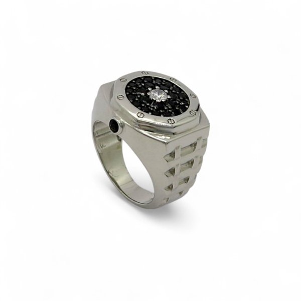 Anello orologio in argento e pietre nere
