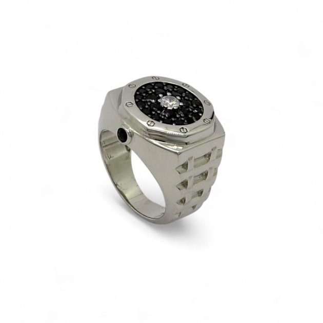 Anello orologio in argento e pietre nere