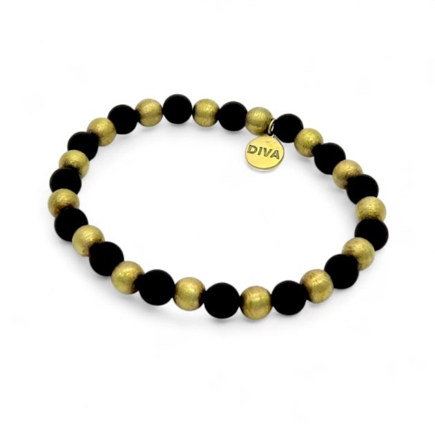Bracciale sfere onice e placcate oro giallo elastico