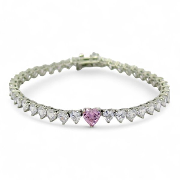 Bracciale tennis cuori rosa il centro argento 925