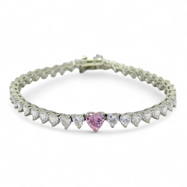 Bracciale tennis cuori rosa il centro argento 925