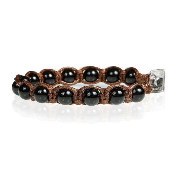 Bracciale tibetano agata nera corda marrone chiusura argento 925