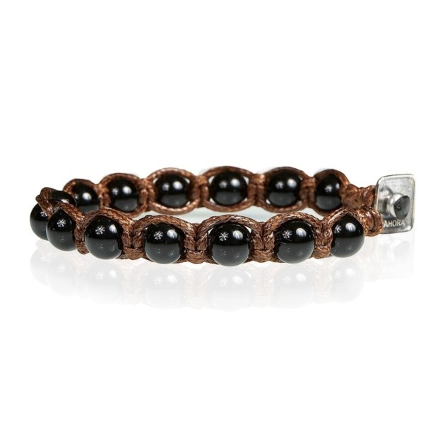 Bracciale tibetano agata nera corda marrone chiusura argento 925