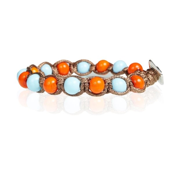 Bracciale tibetano murrine arancio e azzurro corda marrone chiusura argento 925