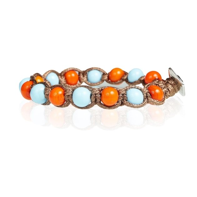 Bracciale tibetano murrine arancio e azzurro corda marrone chiusura argento 925