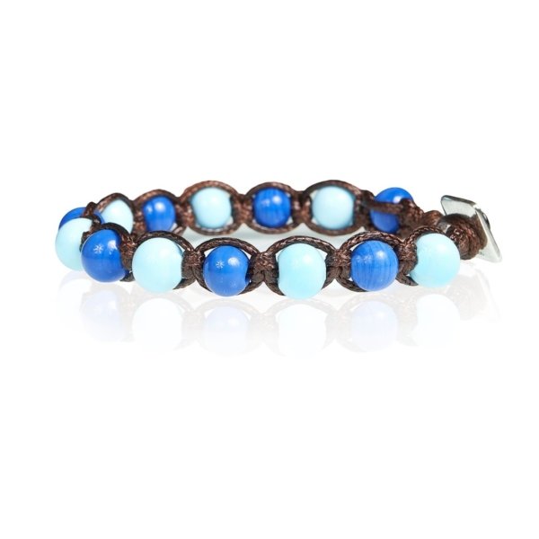 Bracciale tibetano murrine blu azzurro corda marrone chiusura argento 925