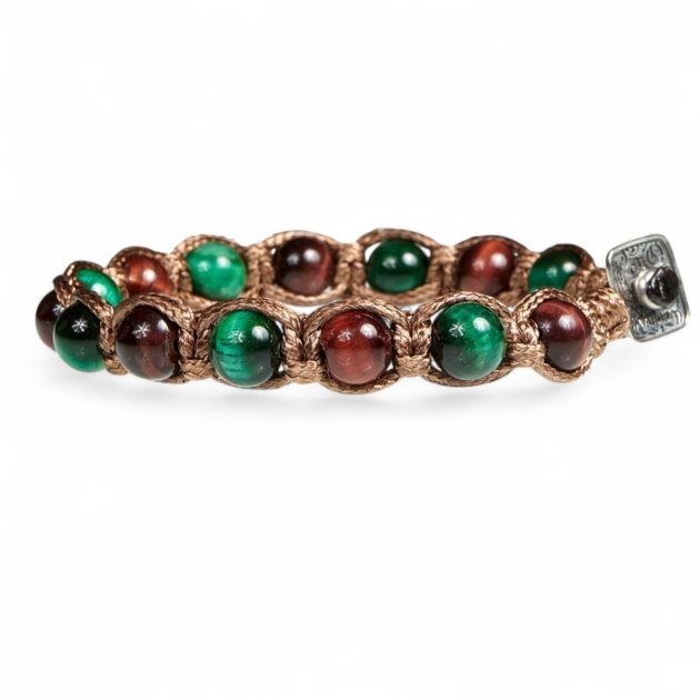 Bracciale tibetano occhio di tigre verde e rosso chiusura in argento 925