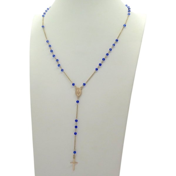 Collana rosario croce pendente grani azzurro avio
