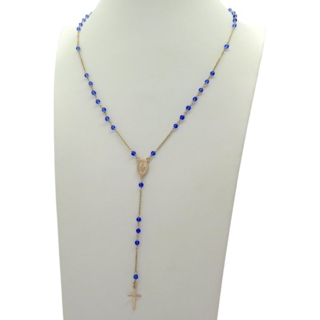 Collana rosario croce pendente grani azzurro avio