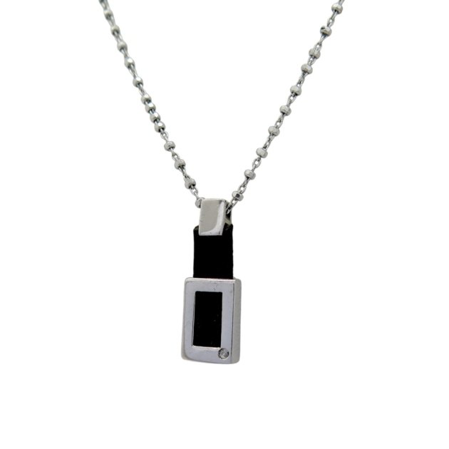 Collana uomo ciondolo inserto in pelle e diamantino argento 925