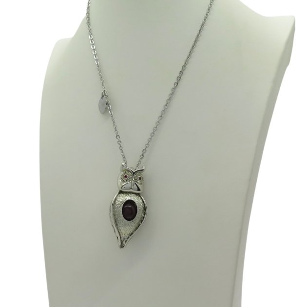 Ciondolo Gufo collana lunga pietra rossa