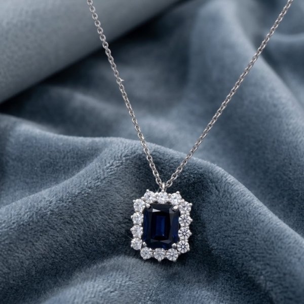 Ciondolo centro blu rettangolare contorno in argento 925