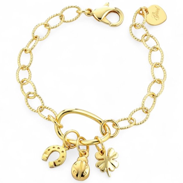 Bracciale dorato portafortuna quadrifoglio coccinella ferro di cavallo