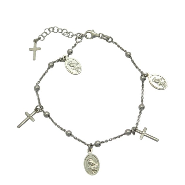 Bracciale rosario con pendenti croce e madonnina argento 925