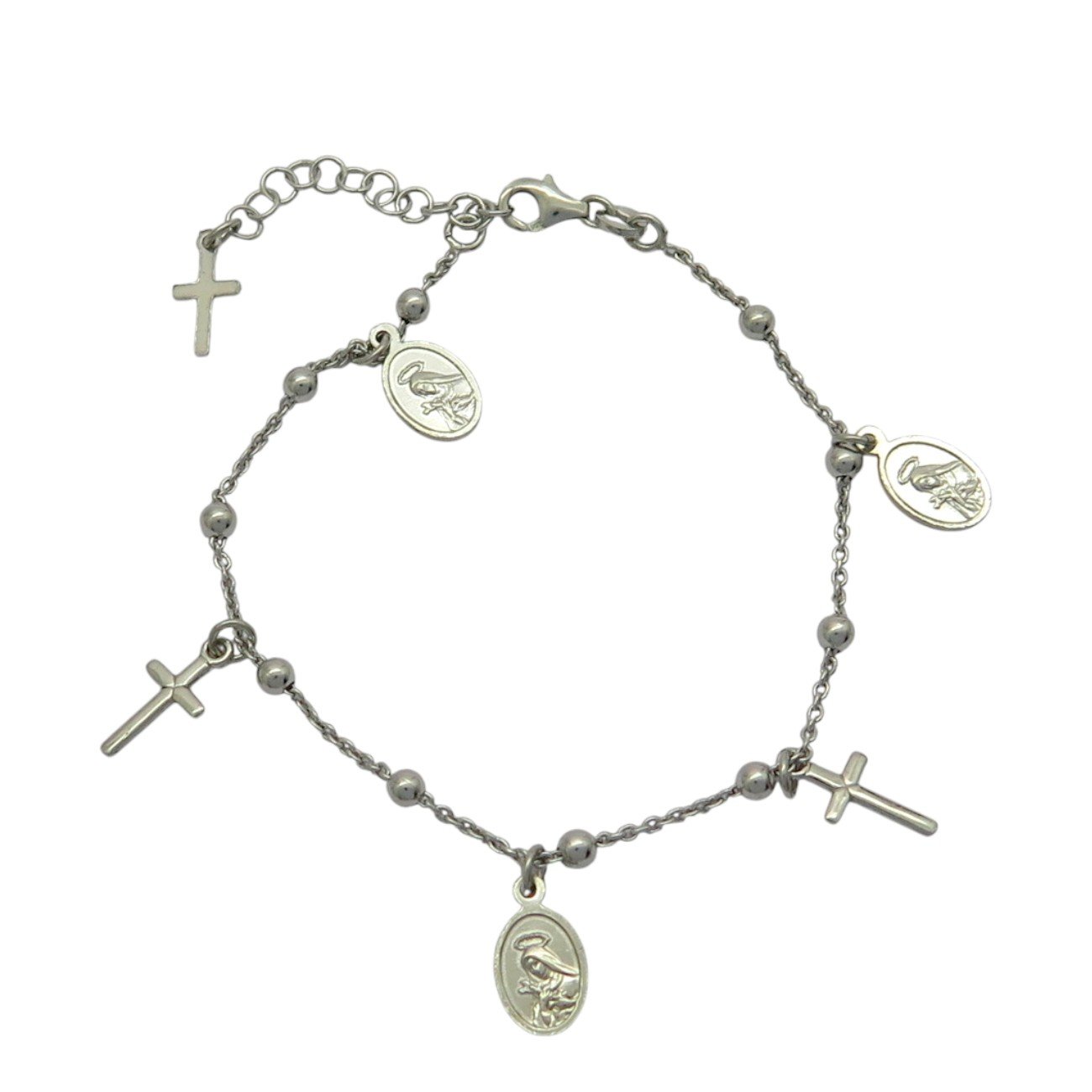 Bracciale rosario con pendenti croce e madonnina argento 925