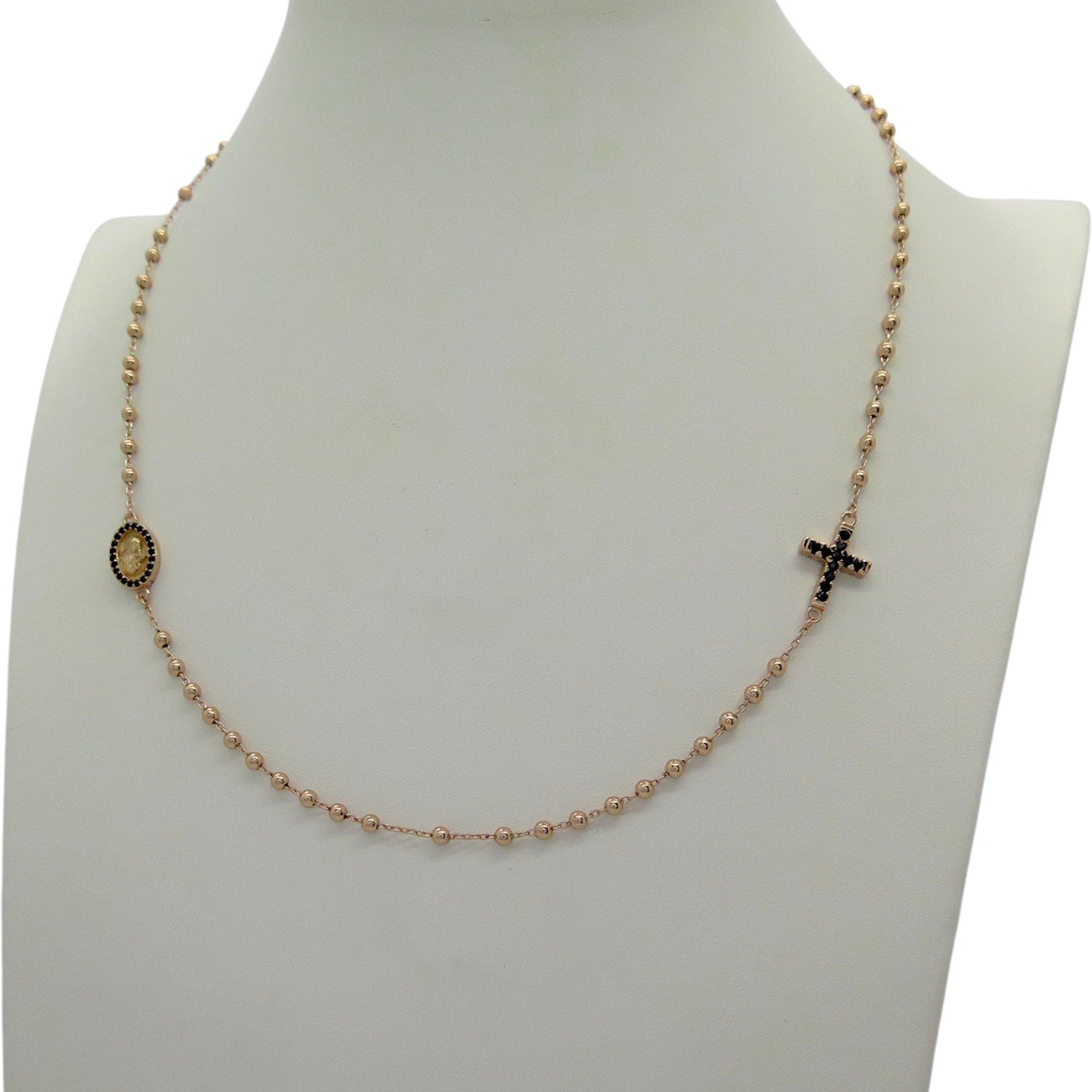 Collana rosario zirconi neri in argento 925 placcato oro rosè