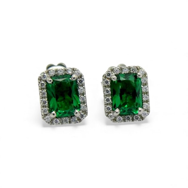 Orecchini lobo taglio smeraldo e contorno in argento 925