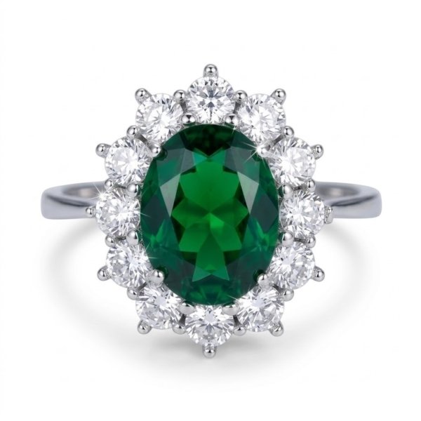 Anello centro verde contorno in oro bianco 18 ct