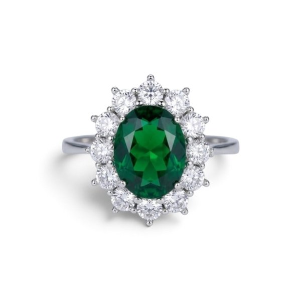 Anello centro verde contorno in oro bianco 18 ct