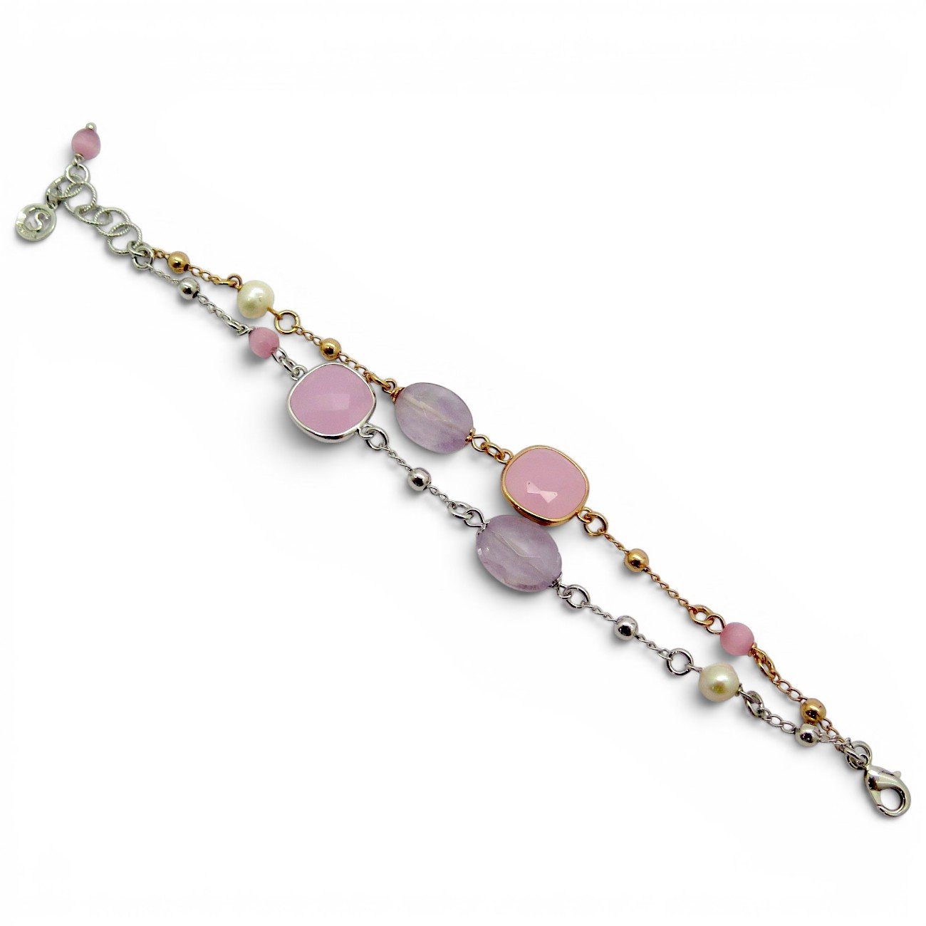 Bracciale doppio Sovrani pietre rosa e perle