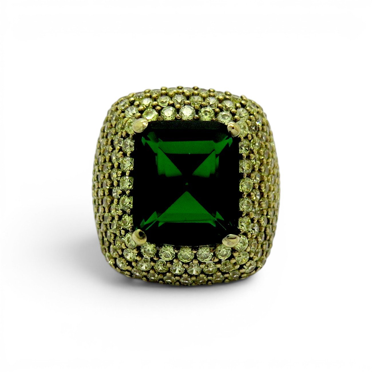 Anello dorato centro verde pietre gialle