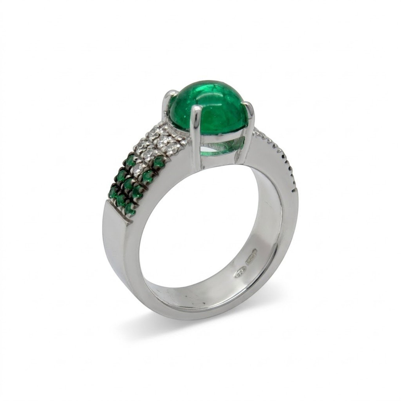 Anello fascia Cabochon verde artigianale in argento 925